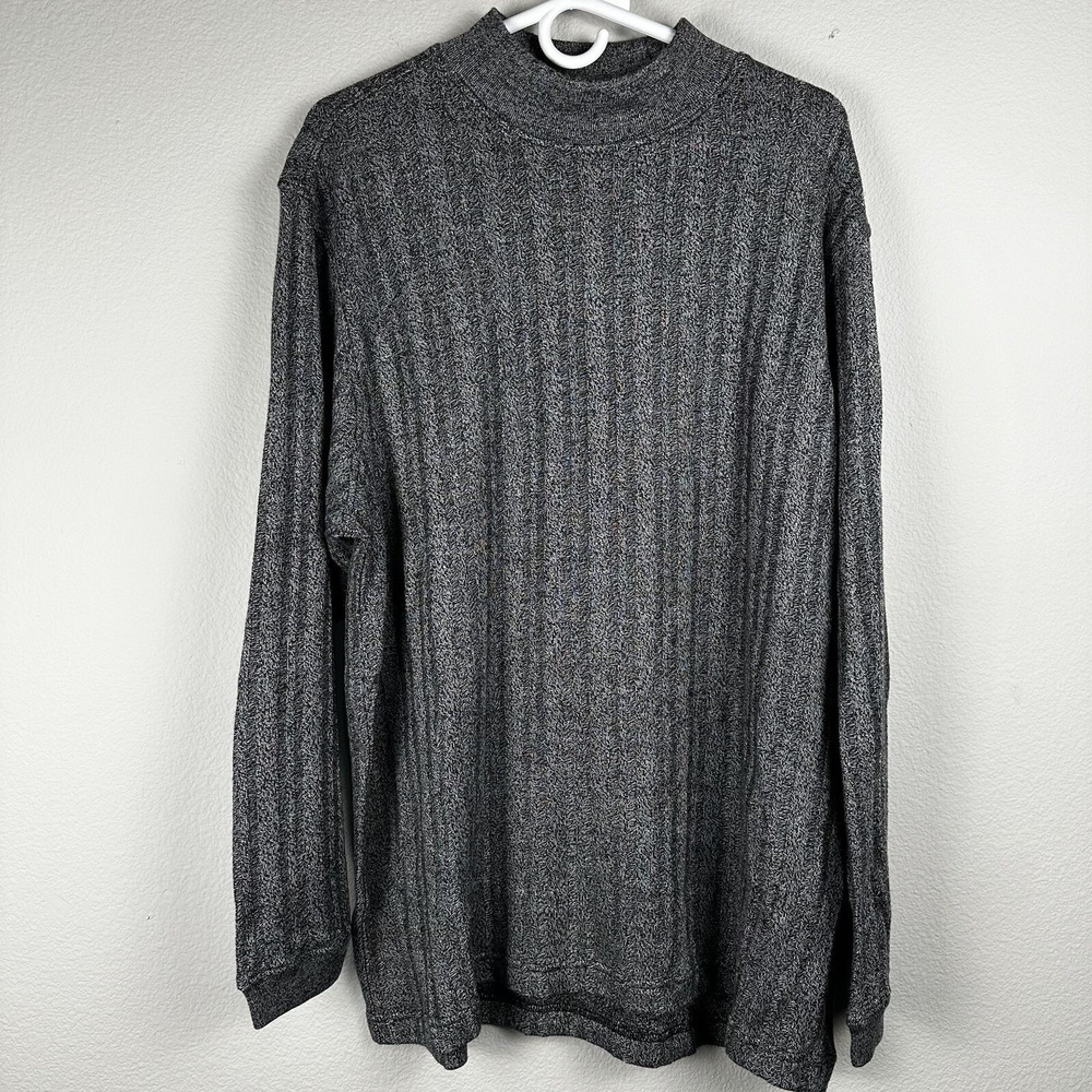 Perry Ellis Mock Neck Sweater Mens Large Gray Ribbed Cotton Rayon Marl Knit L